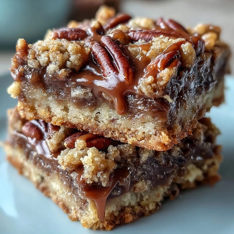 A platter of Decadent Sweet and Chewy Turtle Bars with Chocolate and Caramel cut into squares, perfect for a cozy dessert spread.