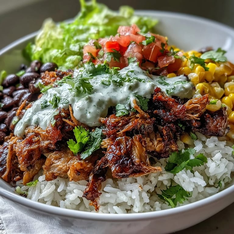 Savory Carnitas Burrito Bowl features juicy shredded pork, vibrant vegetables, and tangy crema on fluffy white rice.