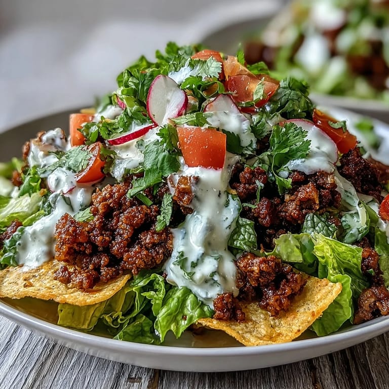 Close-up of a Healthy Taco Bowl showing seasoned beef, diced tomatoes, sliced radishes, and fresh cilantro on a bed of romaine.