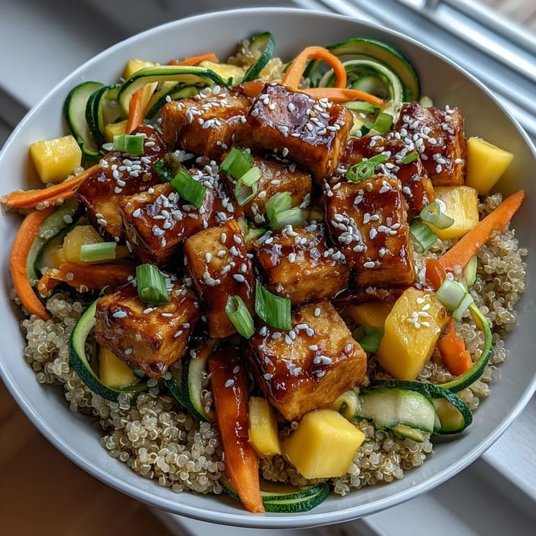 A colorful, healthy bowl features gluten-free teriyaki sauce drizzled over tender quinoa, crisp veggies, and juicy mango in this Easy Teriyaki Quinoa Bowl.