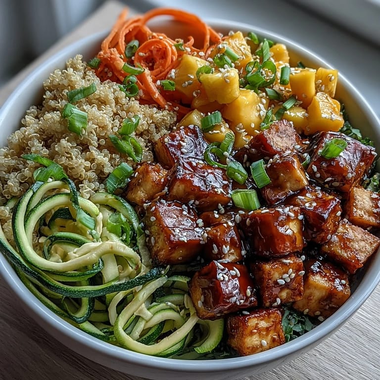 A fork rests beside a nourishing Easy Teriyaki Quinoa Bowl, highlighting the contrast of baked tofu, spiralized vegetables, and a glossy, sweet-savory sauce.