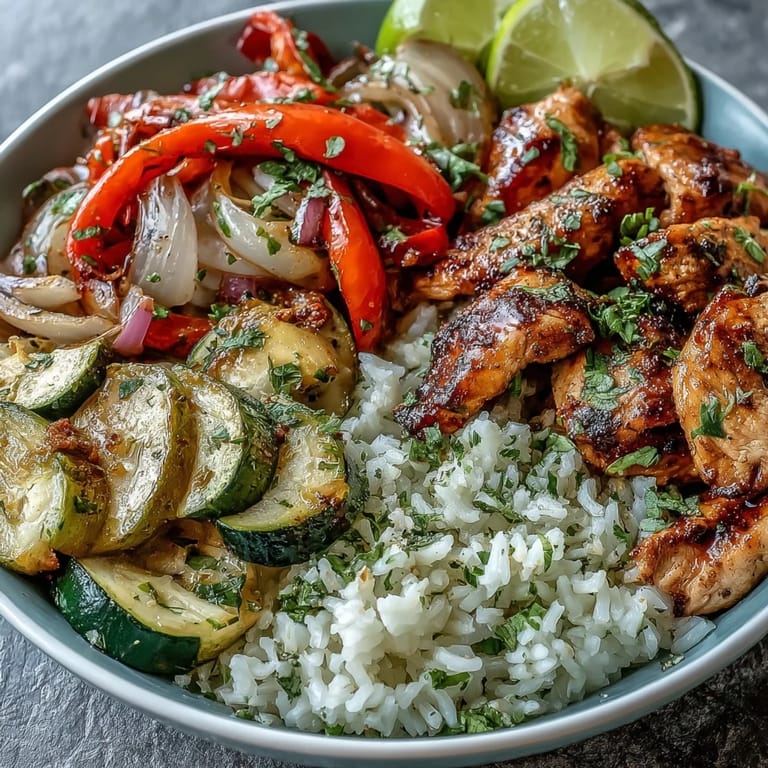 Sizzling Sheet Pan Fajita Bowl ingredients ready to serve, featuring colorful vegetables and tender seasoned chicken.