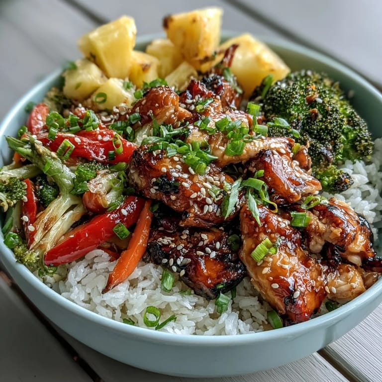 Quick and easy Japanese-American teriyaki chicken rice bowl garnished with scallions and sesame seeds for a family dinner.