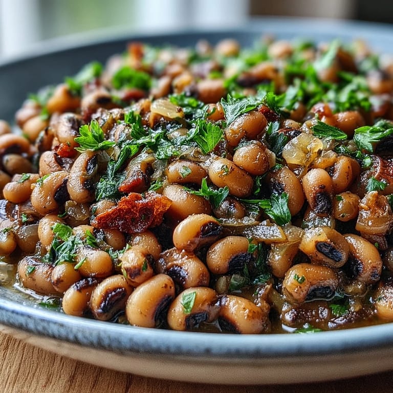 A rustic bowl of the Frozen Black-Eyed Peas Quick Version garnished with fresh parsley, paired with fluffy white rice.