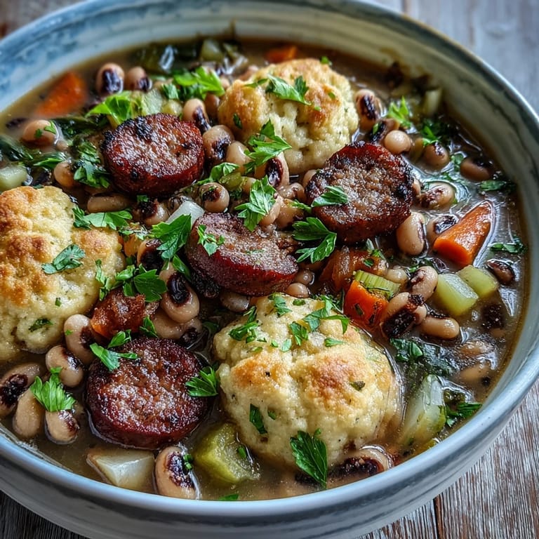 Savory Black-Eyed Peas and Sausage Dumplings topped with golden-brown dumplings in a hearty stew, ready to serve with a spoon.