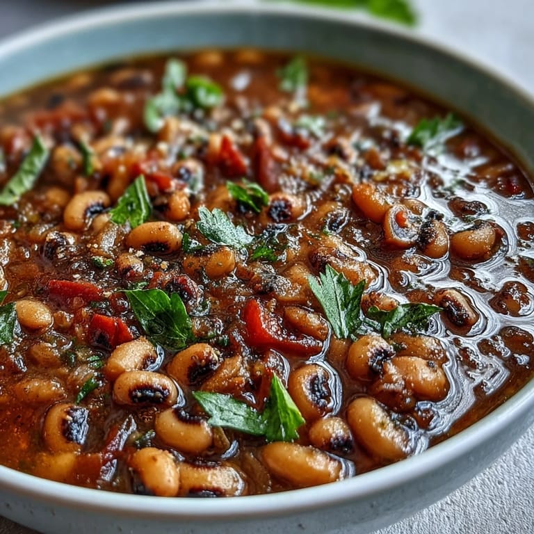 Hearty Greek-Style Slow Cooker Black-Eyed Peas simmering with tomatoes, bell peppers, and spices, ready to serve with crusty bread.