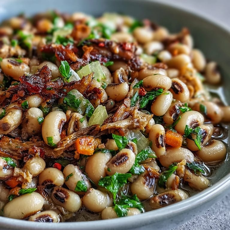 Close-up of a spoon lifting Black-Eyed Peas With Smoked Turkey, revealing the rich, smoky broth and hearty vegetables.