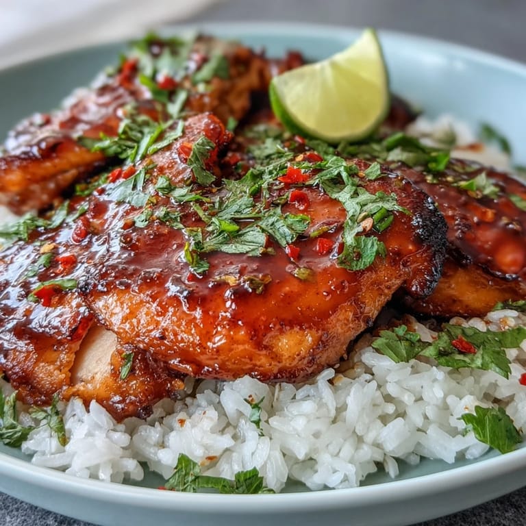 Tender baked chicken with spicy maple glaze on a bed of creamy coconut rice, topped with fresh cilantro.