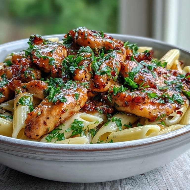 Tender golden chicken strips and al dente pasta are coated in a honey pepper sauce, ready to serve for dinner.