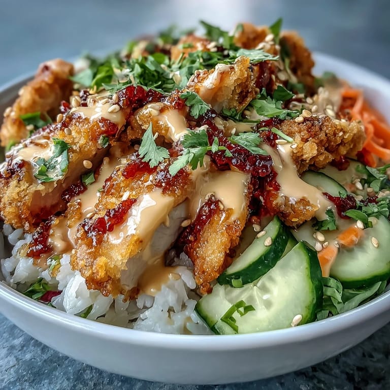 Freshly prepared Bang Bang Chicken Bowl garnished with green onions and cilantro, drizzled with bold sauce.