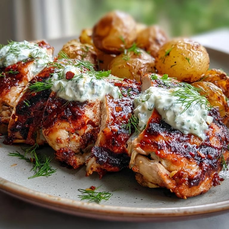 Sliced Mediterranean-inspired chicken breast finished with zesty dill feta cream, paired with buttery baby potatoes for a satisfying weeknight dinner.