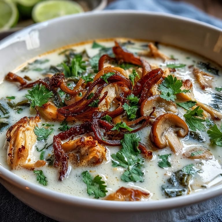 Spicy Tom Kha Soup served with lime wedges and jasmine rice.
