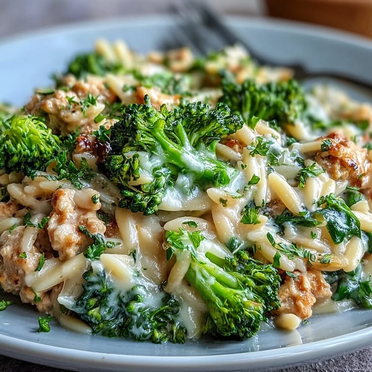 Creamy Garlic Turkey & Broccoli Orzo paired with a crisp green salad and a glass of white wine.