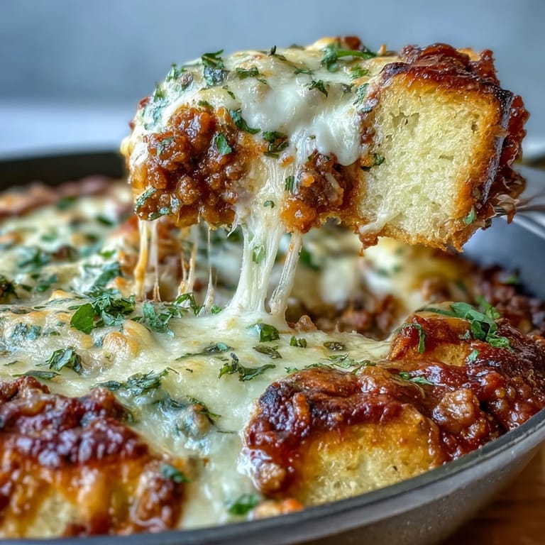 Serving of Cheesy Garlic Bread Lasagna Skillet beside fresh salad on rustic wood table.