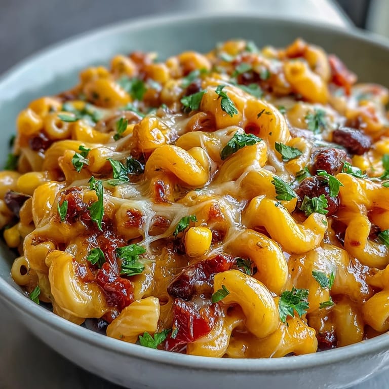 Served in a rustic skillet, One-Pot Tex-Mex Chili Mac with Corn features sweet corn, tender macaroni, and a rich, spicy tomato sauce, perfect for weeknight dinners.