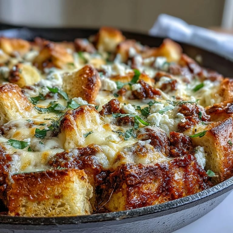 Close up view of cheesy garlic bread lasagna skillet with saucy beef, garlic bread cubes, and gooey mozzarella melting in the pan.