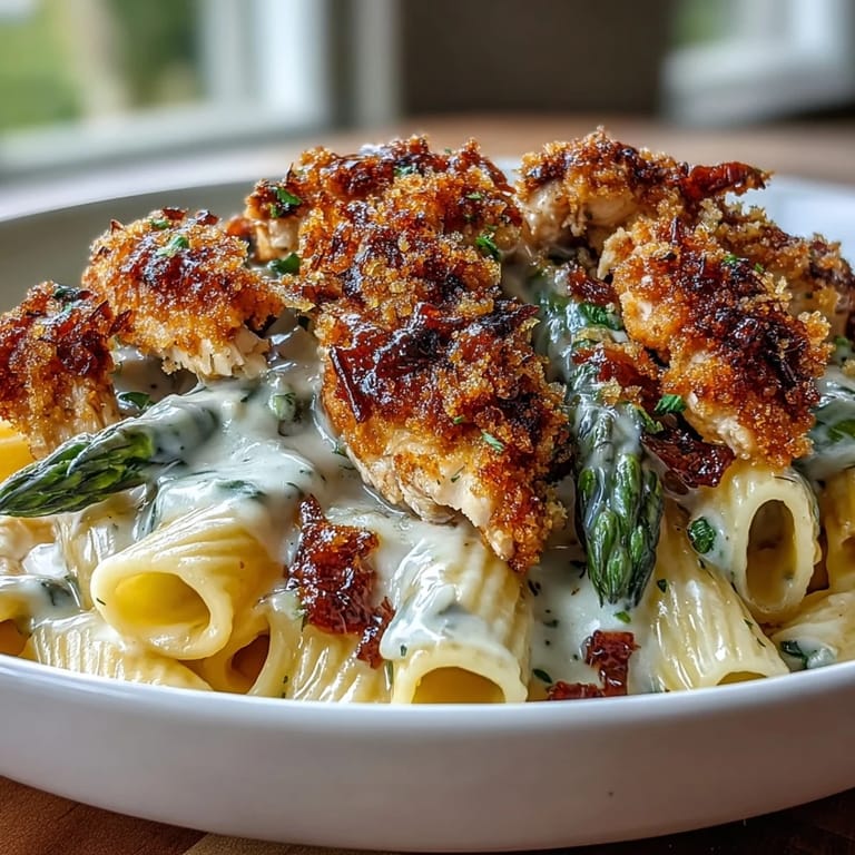A skillet of golden, pan-seared chicken strips and penne pasta tossed in a creamy lemon-Parmesan sauce for Crispy Parmesan Asparagus Chicken Pasta.