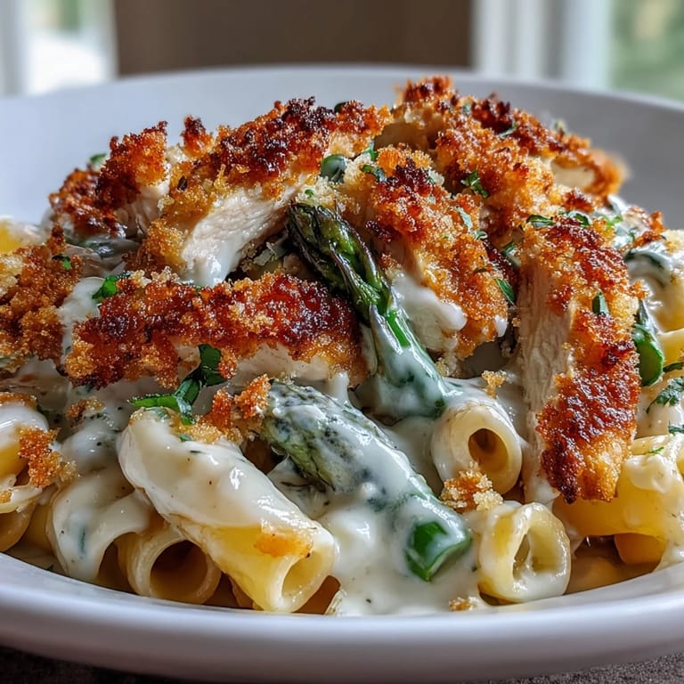 A close-up of a forkful of Crispy Parmesan Asparagus Chicken Pasta, showing tender chicken, bright green asparagus, and a rich, creamy sauce.