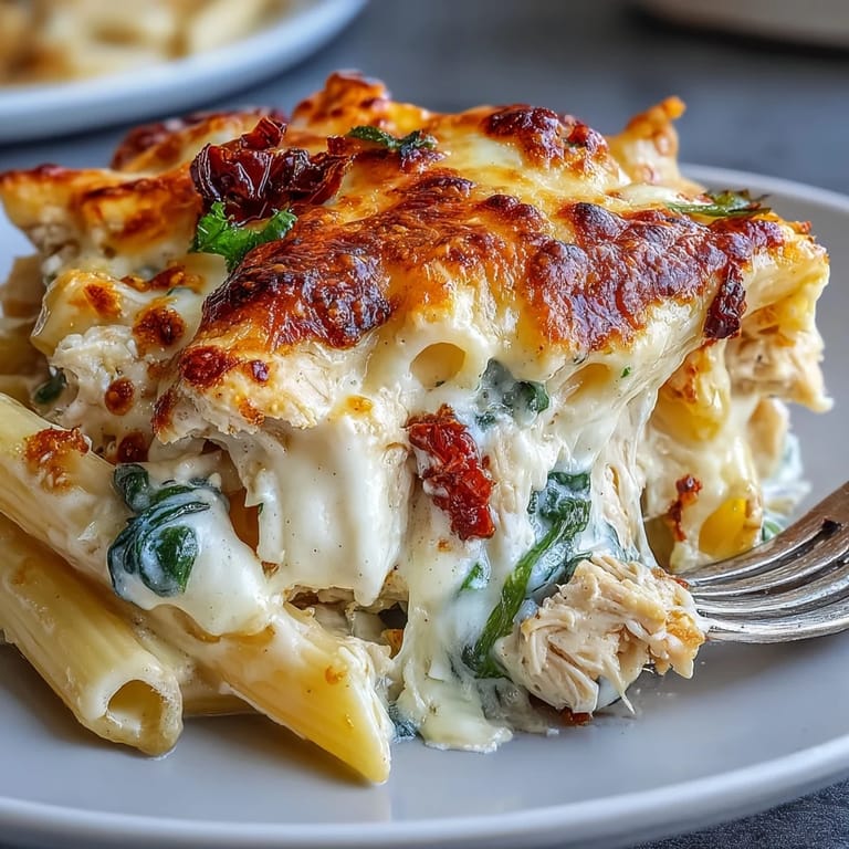 Bubbling, golden cheese tops a creamy Greek Yogurt Chicken Alfredo Bake, served hot in a dish.
