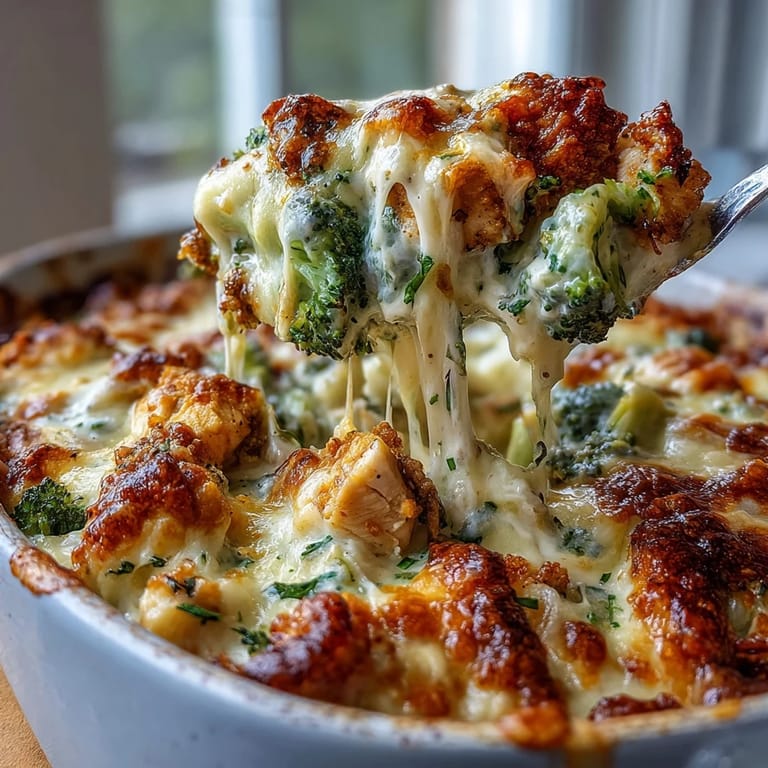 Spoon serving of low carb chicken and broccoli casserole onto a white plate for dinner.