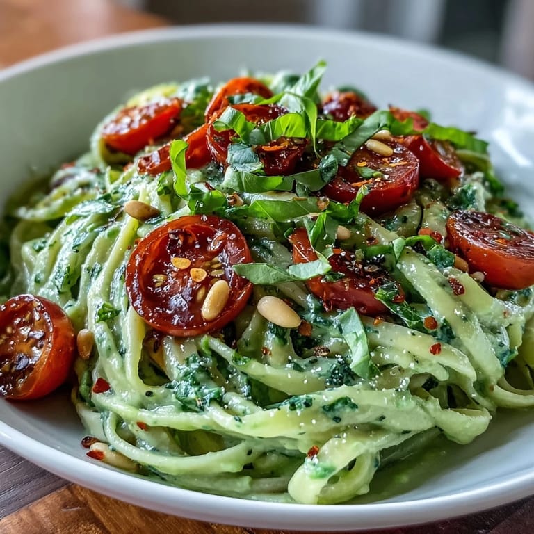Bright green pasta dish featuring Vegan Creamy Avocado Lime Pasta with Cherry Tomatoes served in a white bowl with lemon wedges.