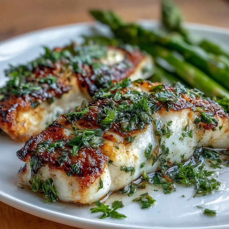Healthy Lemon Herb Tilapia served with crisp asparagus spears on a ceramic plate for a low-carb dinner.