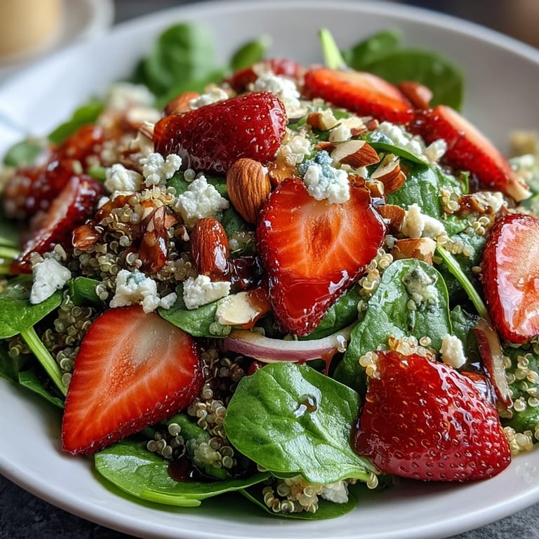 Gluten-free Strawberry Spinach Quinoa Salad served as a light summer lunch, featuring fluffy quinoa and bright tangy dressing.