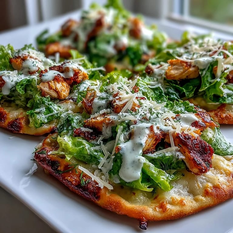 Golden garlic naan pizzas topped with tender Caesar chicken, melted mozzarella, and fresh, crisp romaine lettuce.
