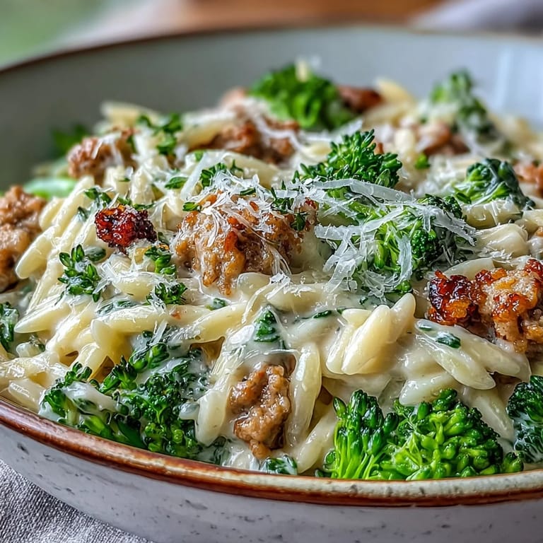 Creamy Garlic Turkey & Broccoli Orzo recipe plated in a skillet, topped with extra Parmesan and lemon zest for a bright, savory garnish.
