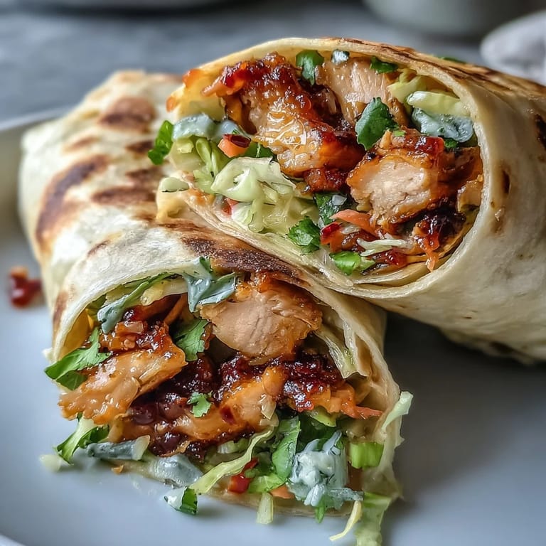 Flavorful Sweet Chili Chicken Wraps featuring juicy chicken, crunchy carrots, and cucumbers drizzled with zesty chili sauce.