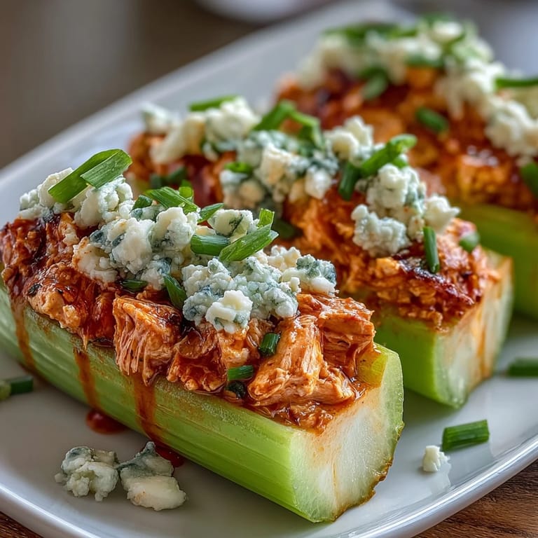 Celery stalks loaded with creamy buffalo chicken filling, garnished with blue cheese crumbles, offering a bold and satisfying low-carb bite.