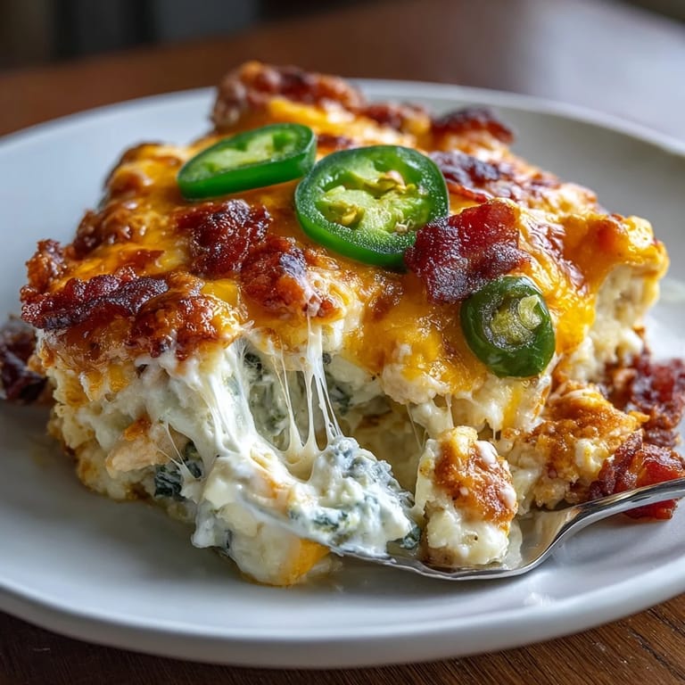 Creamy, cheesy casserole loaded with shredded chicken, jalapeños, and cauliflower rice for a low-carb comfort meal.