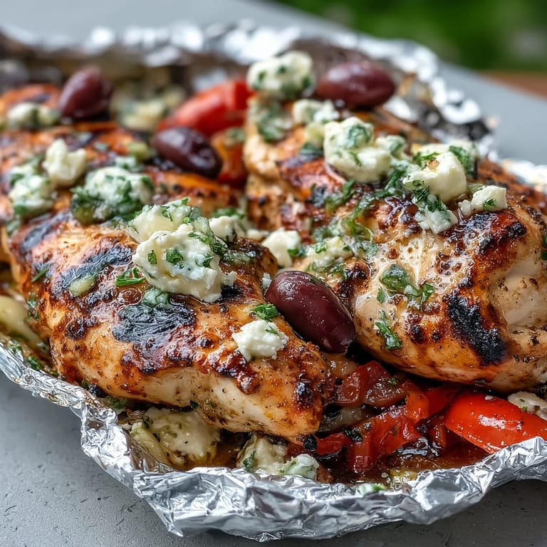 Healthy foil packet meal with Mediterranean flavors, tender chicken, and vibrant vegetables.  