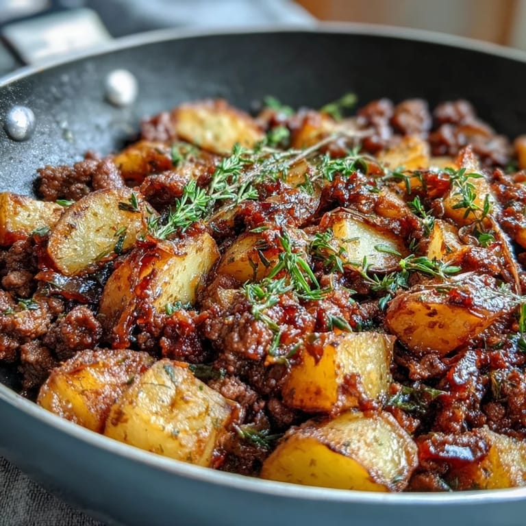 35 grams of protein per serving in this easy ground beef and potato skillet, garnished with fresh herbs and served hot.