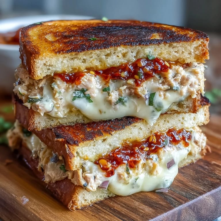 Toasted sandwich filled with creamy spicy tuna salad, gooey provolone, and a bold Calabrian chili kick.  