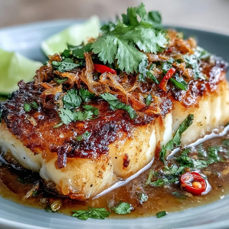 Flaky white fish topped with zesty chilli-lime sauce, garnished with chopped cilantro and golden crispy shallots for a bright, elegant meal.  