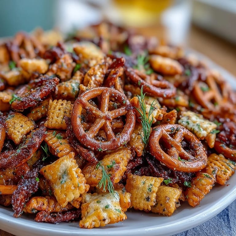 Tasty dill pickle Chex Mix featuring pretzels and bagel chips.