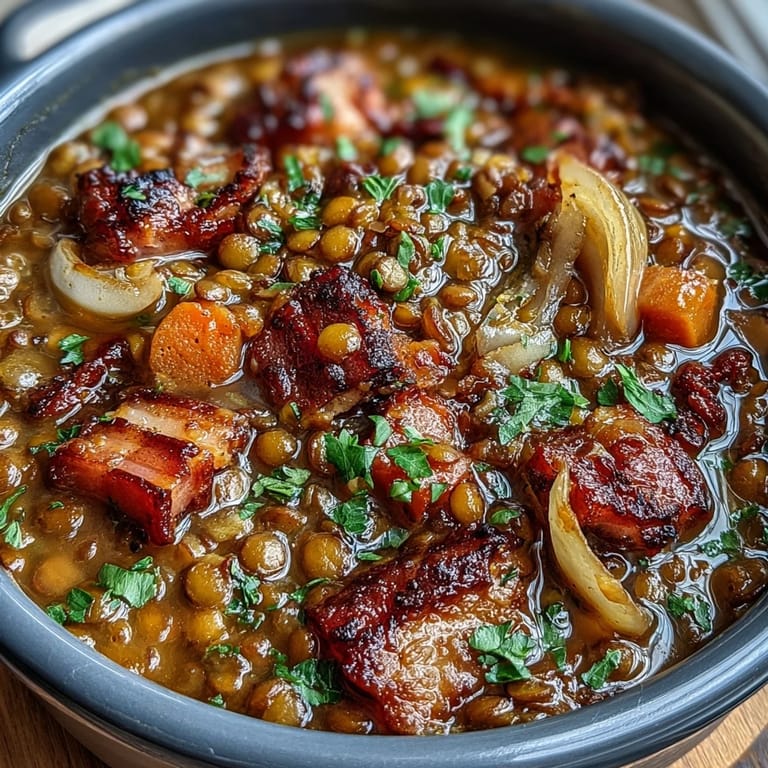Hearty one-pot ham, onion, and lentil stew featuring smoky ham, sweet onions, and tender lentils in a savory broth.