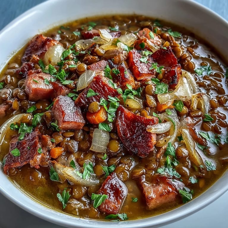 Rich and smoky one-pot ham, onion, and lentil stew, simmered with vegetables and served hot in a rustic bowl.  