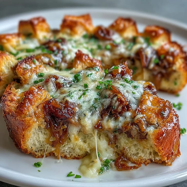 Savory French onion chicken bake with tender bone-in thighs, deeply caramelized onions, and a crunchy sourdough bread topping, finished with bubbling melted cheese.