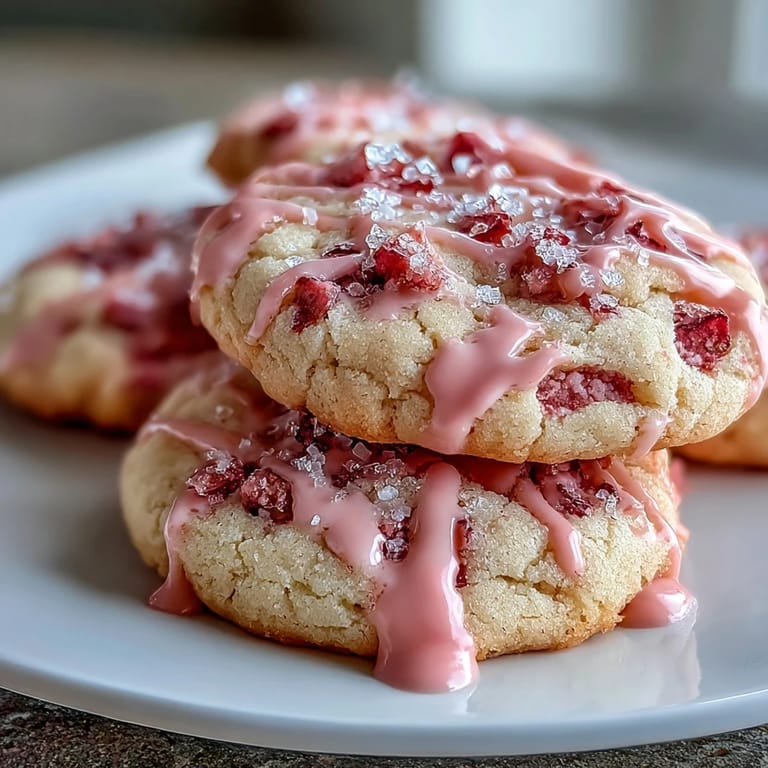 Plump sugar cookies topped with vibrant pink strawberry icing, garnished with crushed freeze-dried strawberries for extra flavor and color.  