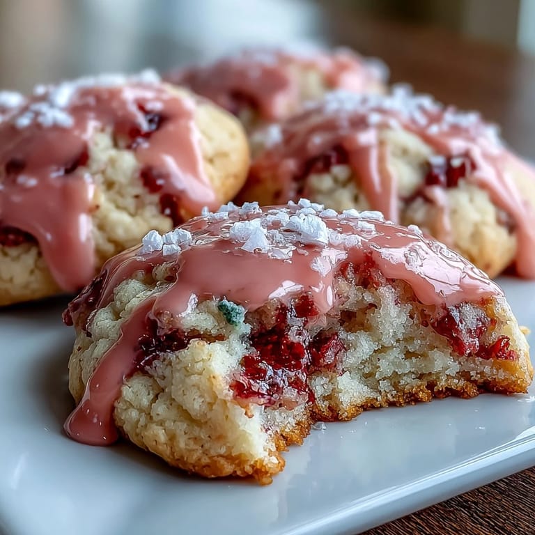 Close-up of tender strawberry sugar cookies with smooth pink icing, ideal for dessert tables or afternoon tea parties.