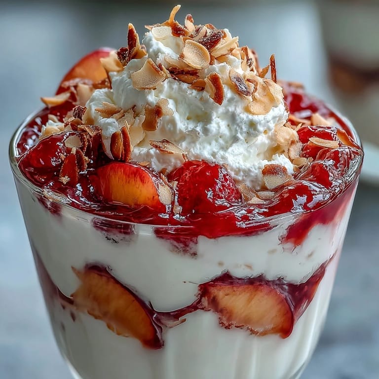 Delightful Yogurt Peach Melba Cups with Toasted Almonds: Light, refreshing, and perfect for summer, these cups feature juicy peaches, velvety yogurt, and golden almond crunch.