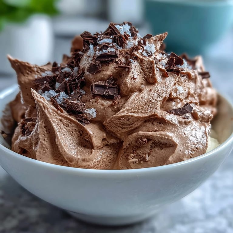 Light and airy mousse made with Greek yogurt, cocoa, and sea salt, garnished with a sprinkle of flaky sea salt.