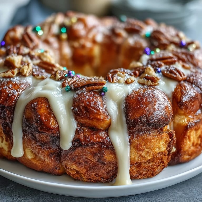 Festive Mardi Gras-inspired King Cake Pull-Apart Monkey Bread, featuring buttery biscuit dough rolled in cinnamon sugar, topped with creamy cream cheese icing and colorful sanding sugars.