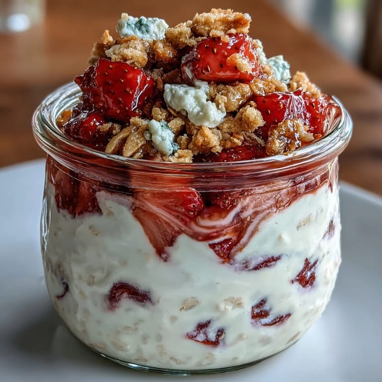 Delicious strawberry cheesecake overnight oats featuring velvety cream cheese oats, juicy strawberries, and buttery graham cracker crumble for a decadent breakfast.