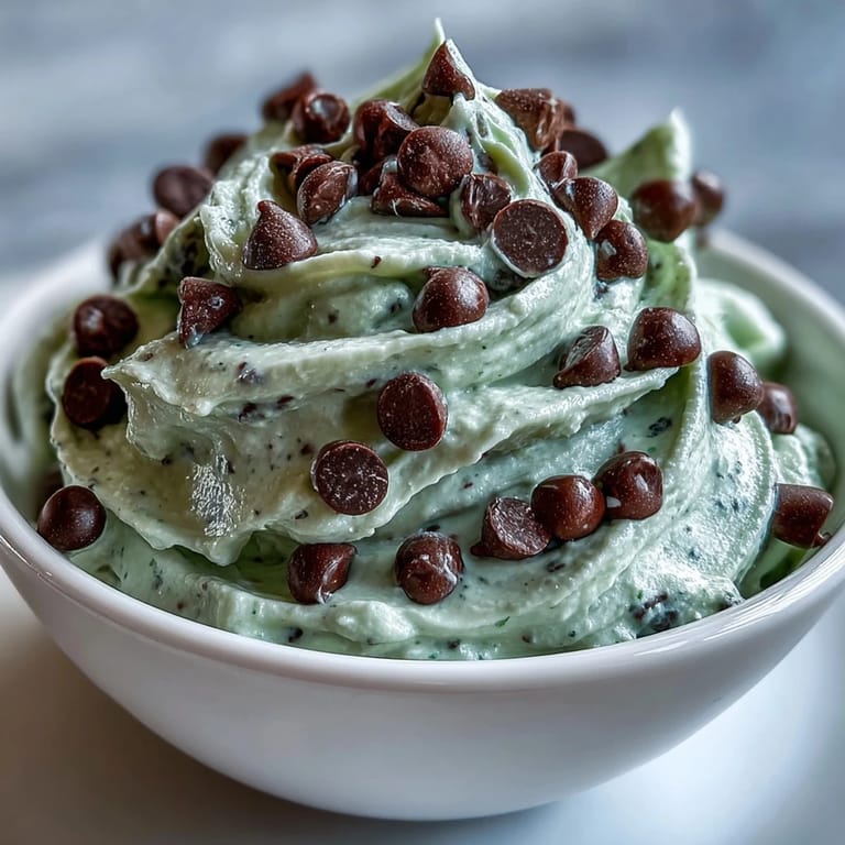 A fluffy, mint-flavored dessert dip loaded with mini chocolate chips, ideal for dipping graham crackers or fresh fruit.  