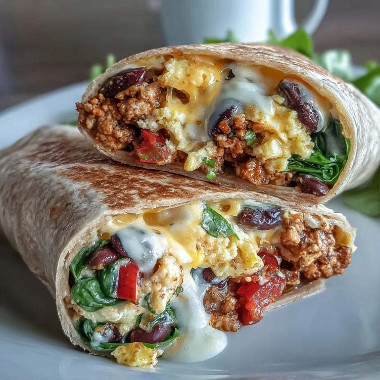 Fluffy scrambled eggs, savory ground turkey, and black beans wrapped in a warm tortilla, topped with melted cheddar for a protein-packed breakfast.
