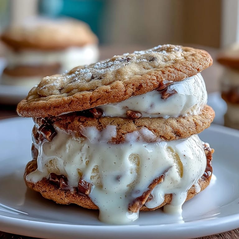 Creamy vanilla bean ice cream nestled between soft coffee-flavored cookies, creating a refreshing twist on the classic ice cream sandwich.