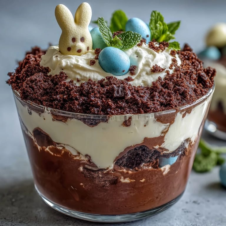 Adorable Easter Bunny Dirt Cups for Kids featuring chocolate pudding, cookie crumbs, and candy eggs with bunny Peeps standing in festive cups.